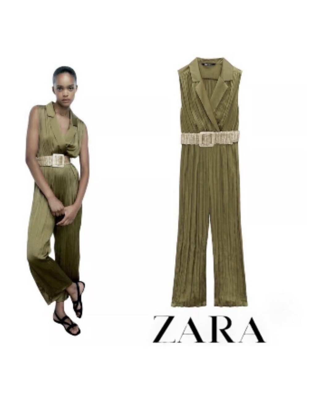 ZARA Satin Pleated Belted Jumpsuit Womenโs XL Green Sleeveless Collared